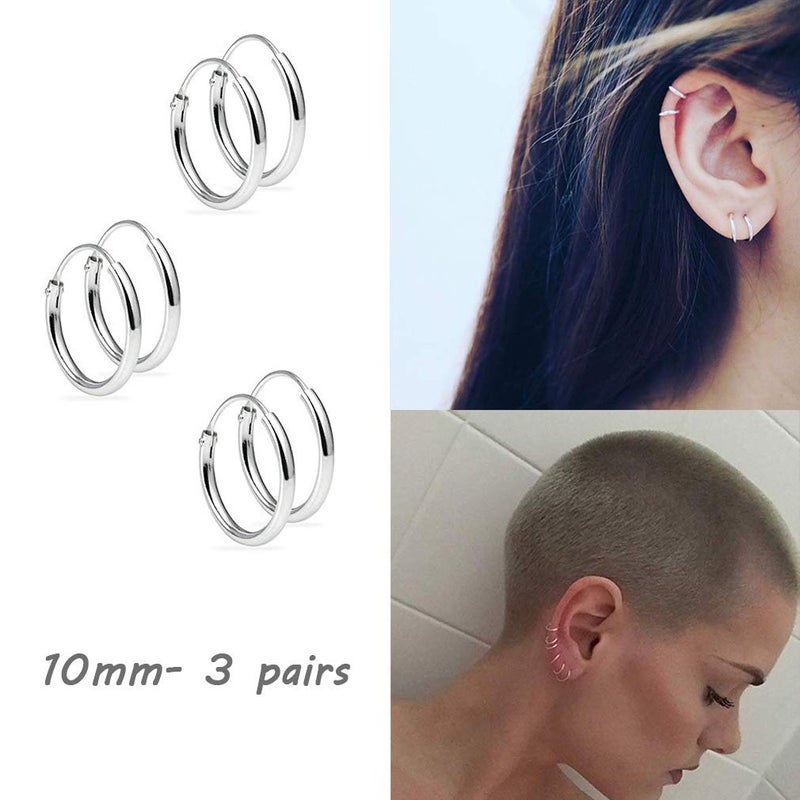 EPIRORA Silver Hoop Earrings- Cartilage Endless Small Hoop Earrings Set for Women Men, 3 Pairs of Hypoallergenic 925 Sterling Silver Tragus Earrings Nose Lip Rings (3 Pairs(10mm*3)) - Image 2